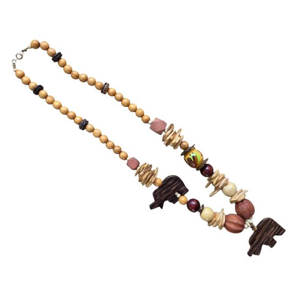 VTG 70s Boho Tribal Necklace Wood Beads Carved Elephant Pendant Earthy Artisan - Picture 5 of 14